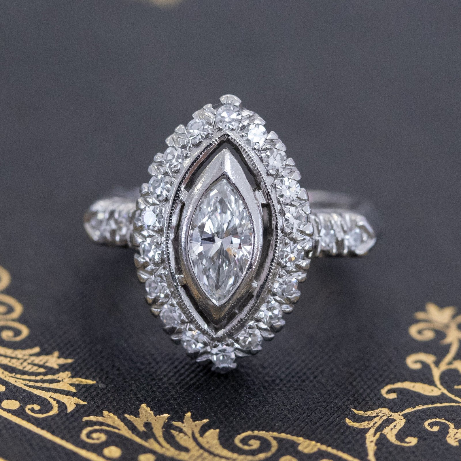 1.03ctw Vintage Marquise Cut Diamond Navette Ring