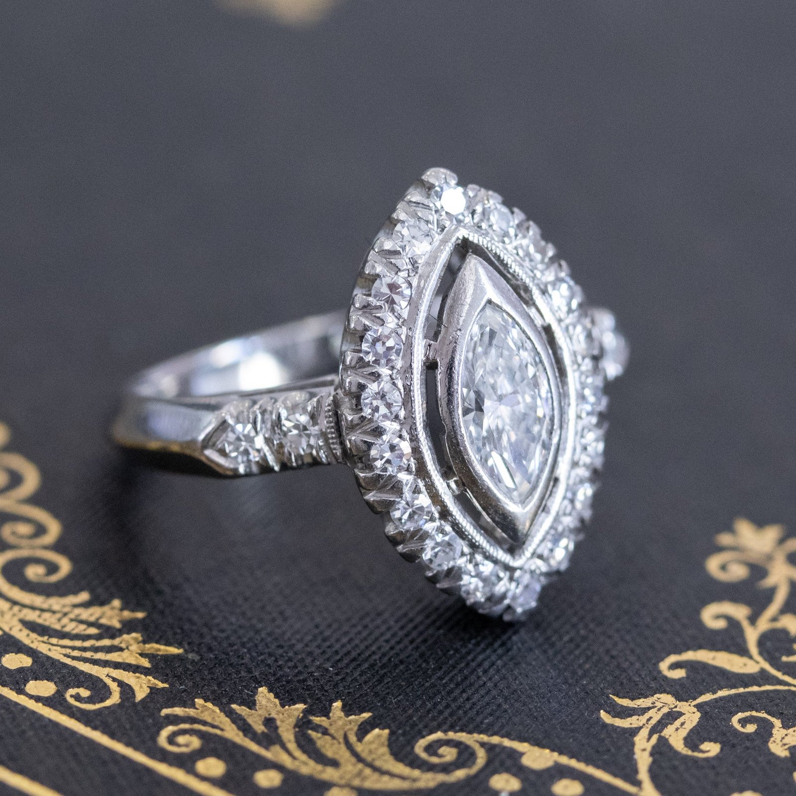 1.03ctw Vintage Marquise Cut Diamond Navette Ring - Image 4