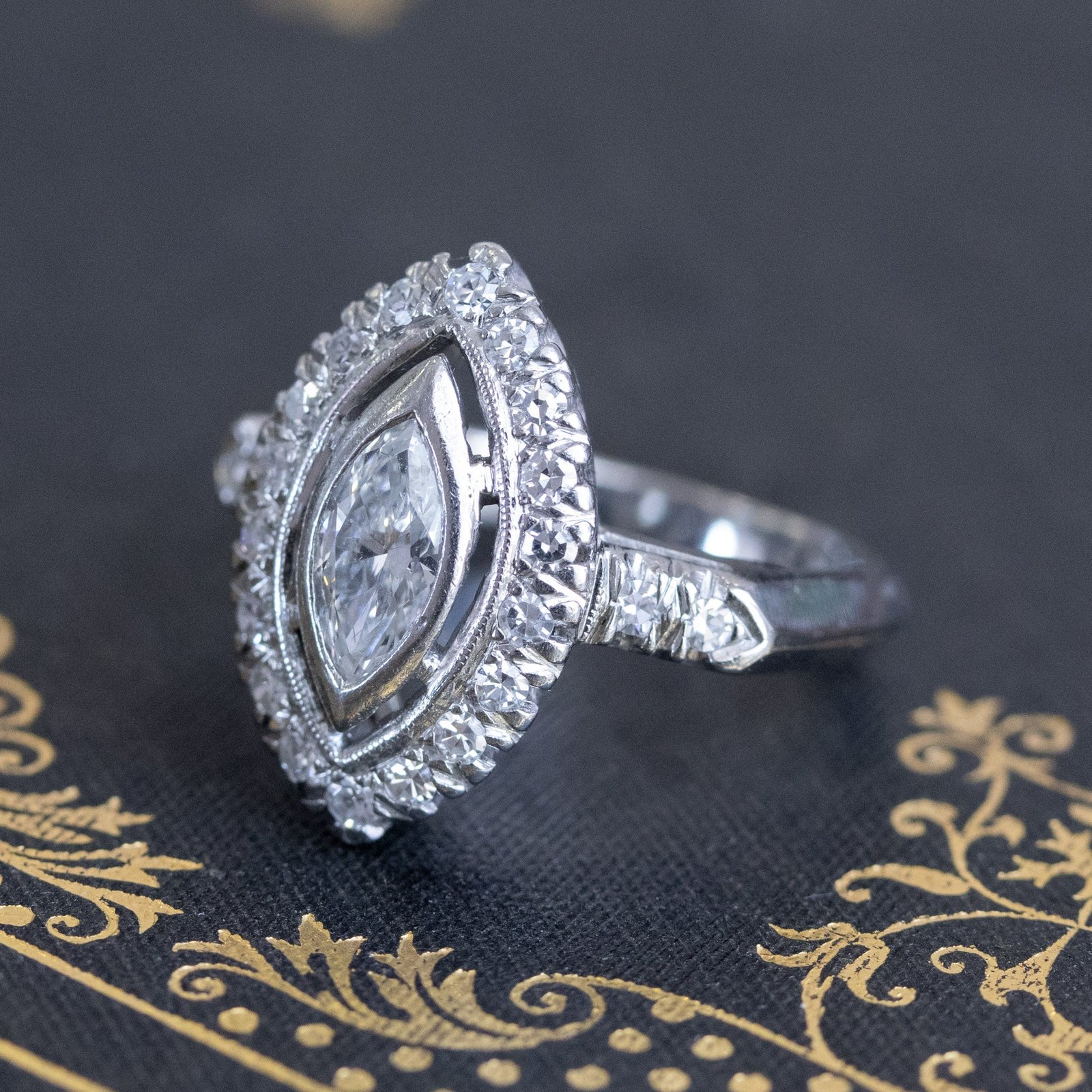 1.03ctw Vintage Marquise Cut Diamond Navette Ring - Image 6