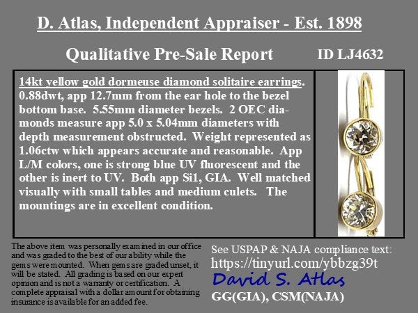 1.06ctw Old European Cut Diamond Bezel Dormeuse Earrings - Image 4