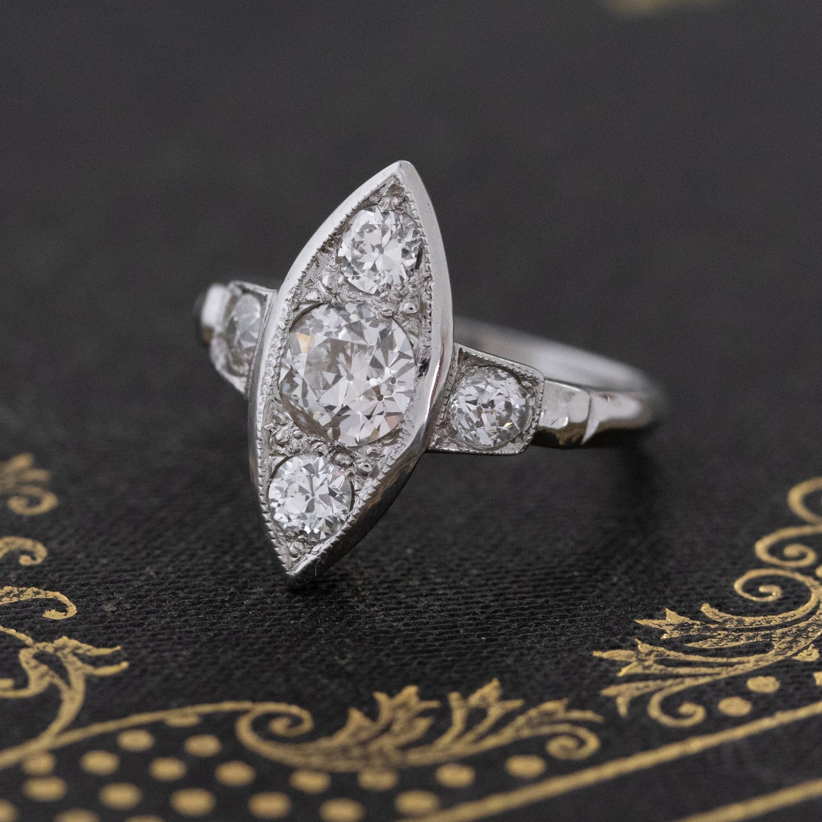 1.08ctw Vintage Old European Cut Navette Dinner Ring - Image 5