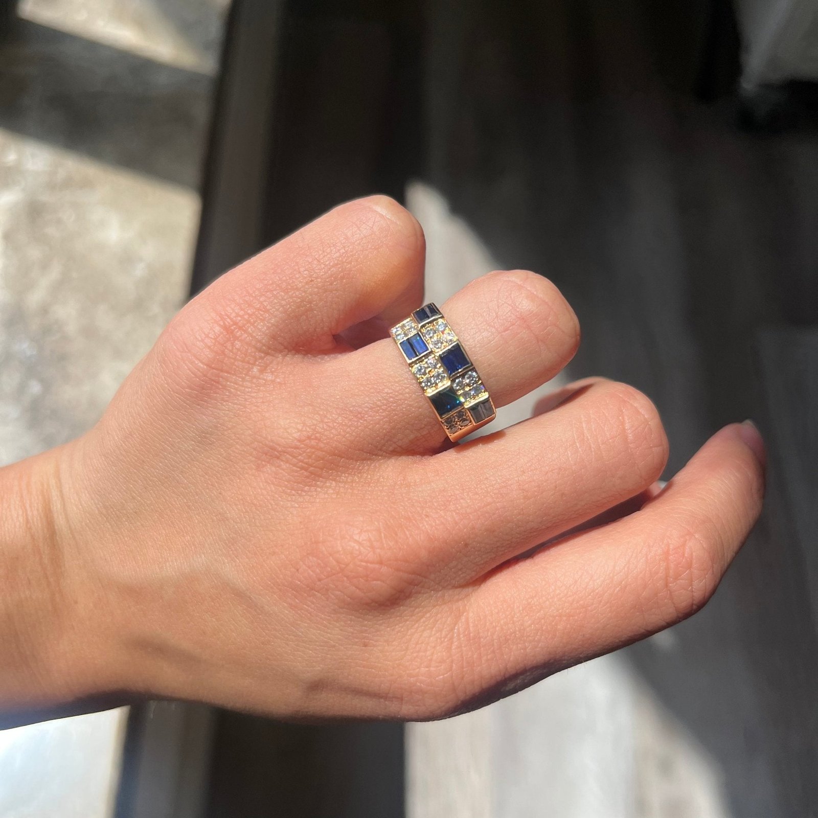 1.15ctw Vintage Diamond & Sapphire Checkerboard Ring, French - Image 2