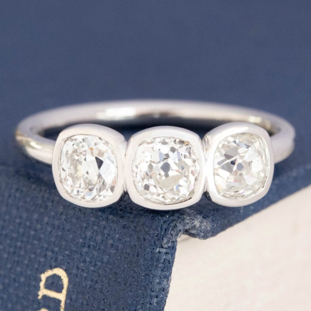 1.21ctw Old Mine Cut Diamond Bezel Trilogy Ring