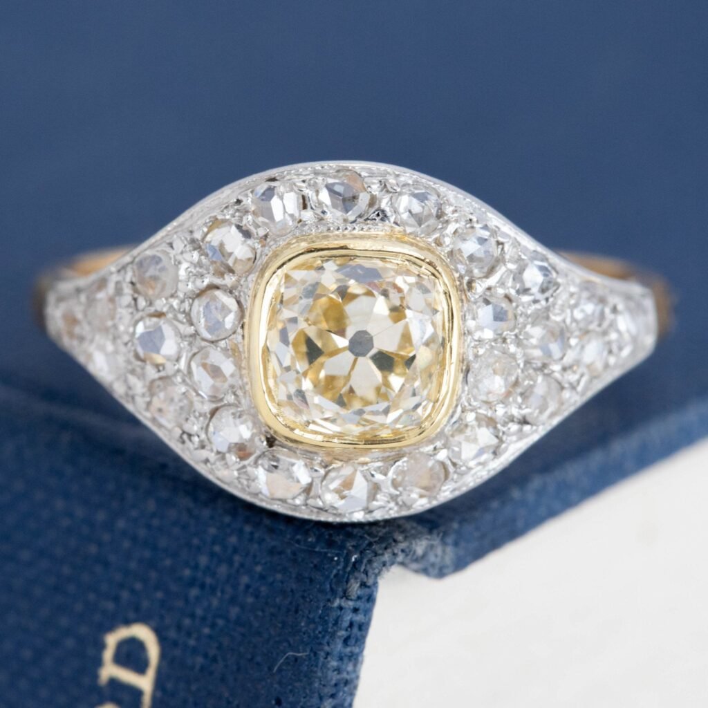 1.41ct Vintage Yellow Old Mine Cut Diamond Cluster Ring, GIA