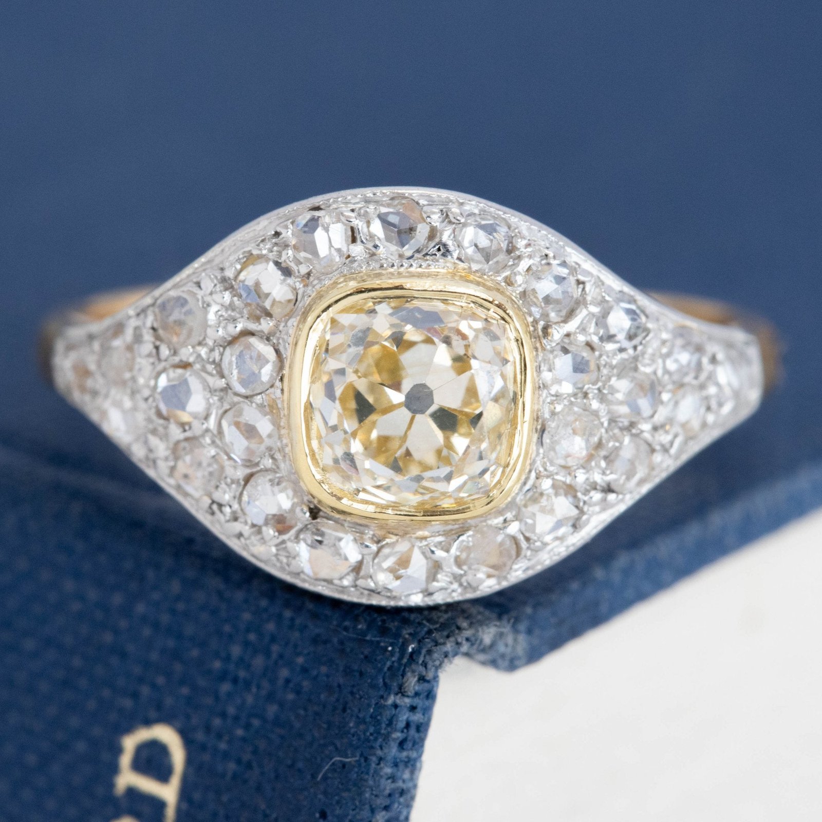 1.41ct Vintage Yellow Old Mine Cut Diamond Cluster Ring, GIA