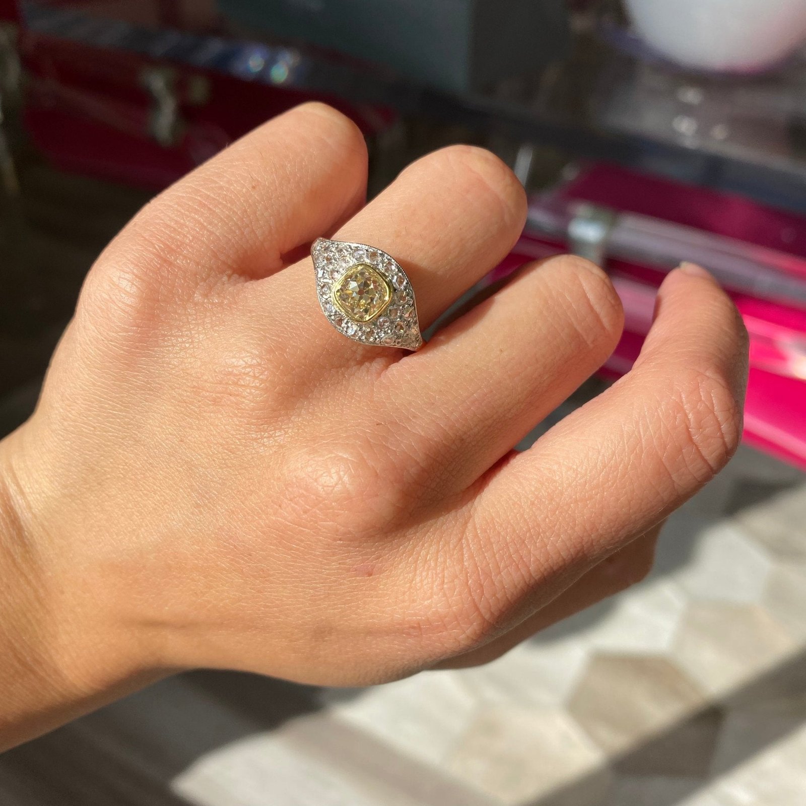 1.41ct Vintage Yellow Old Mine Cut Diamond Cluster Ring, GIA - Image 2