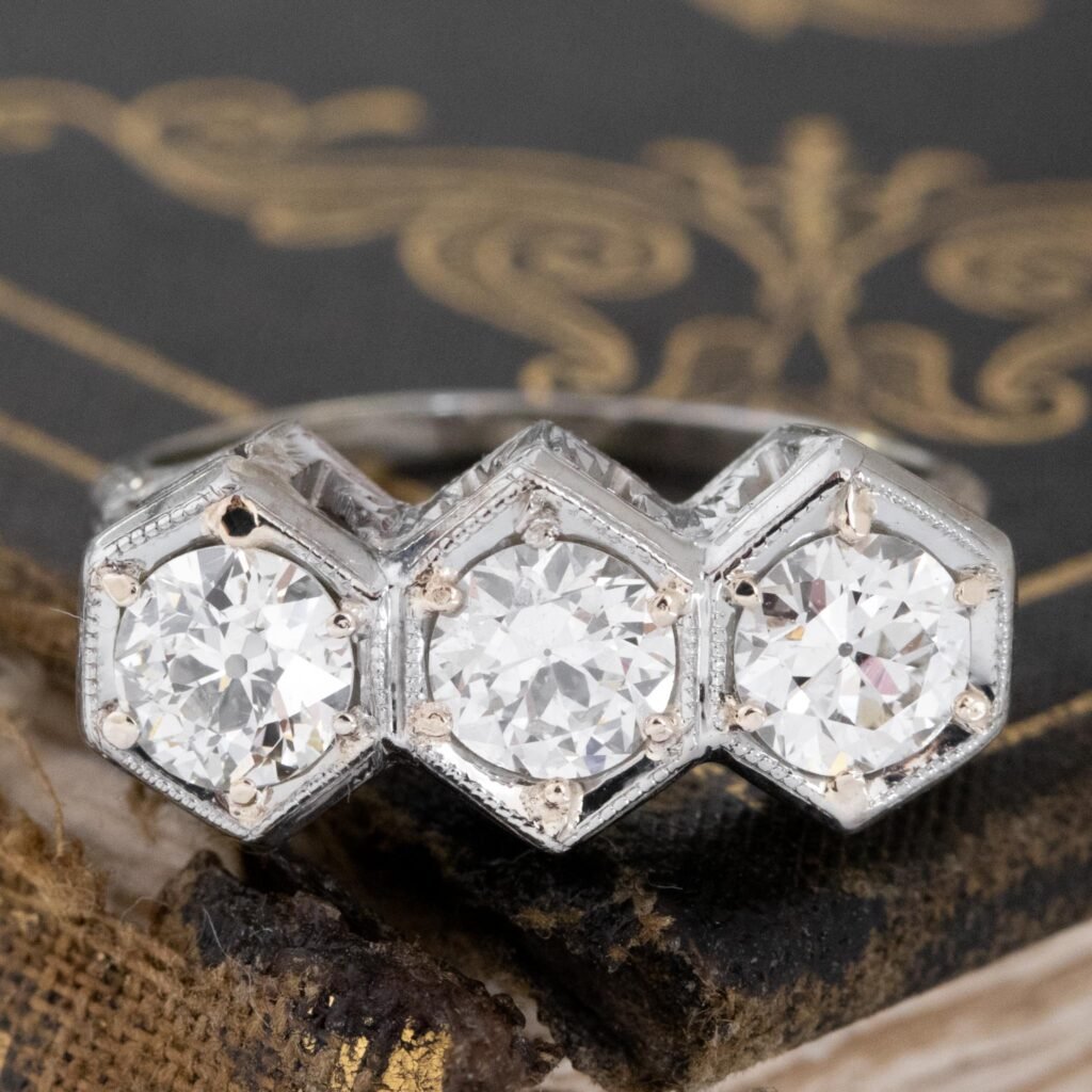 1.42ctw Art Deco Old European Cut Diamond Trilogy Ring