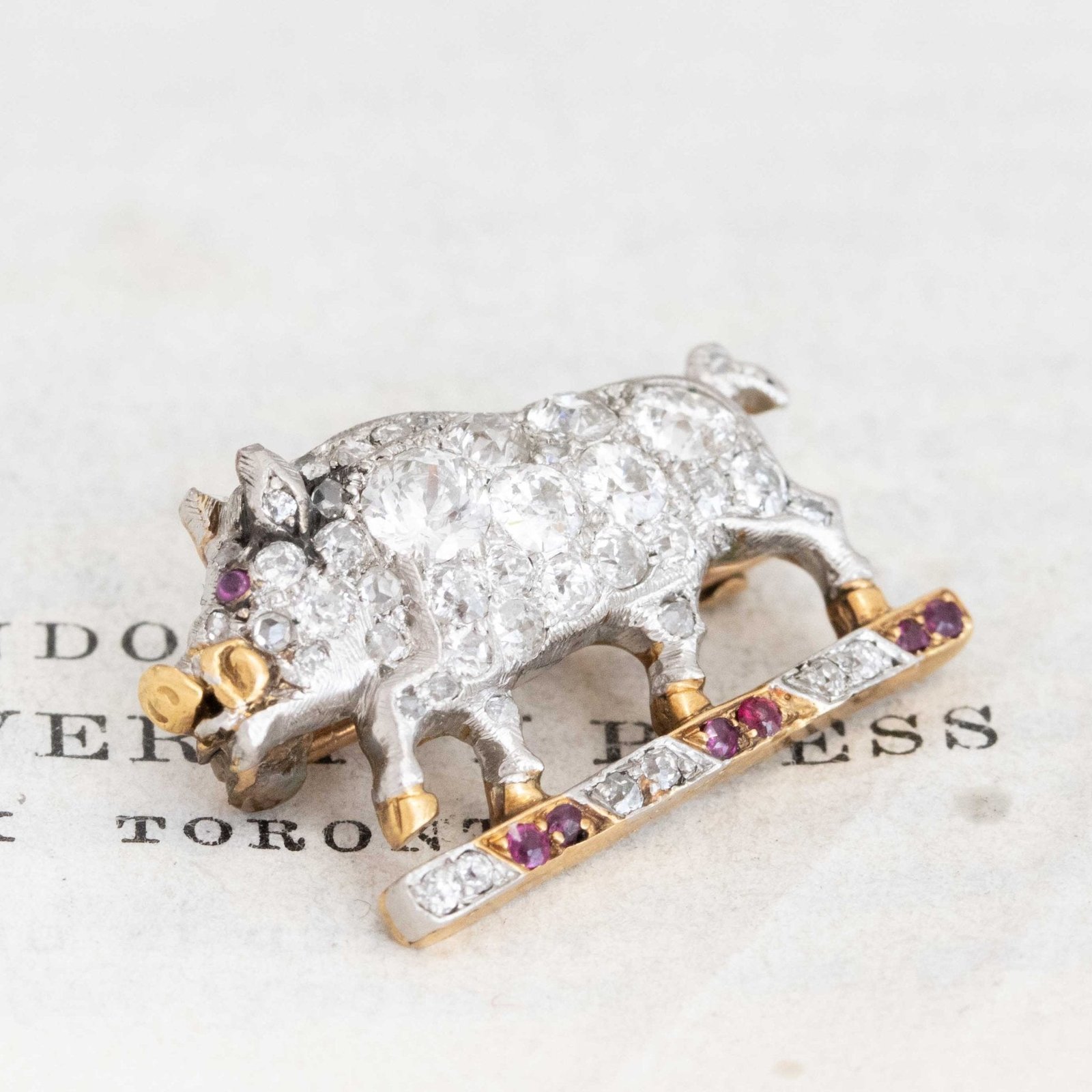 1.45ctw Antique Diamond & Ruby Boar Brooch - Image 3