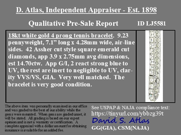 14.70ctw Vintage Asscher Cut Diamond Tennis Bracelet - Image 3