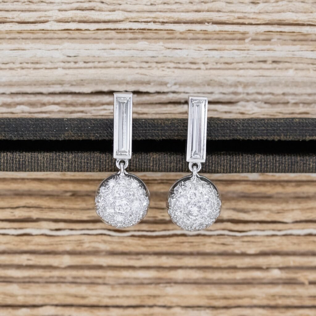 1.50ctw Vintage Baguette Cut Diamond Pave Ball Cluster Drop Earrings