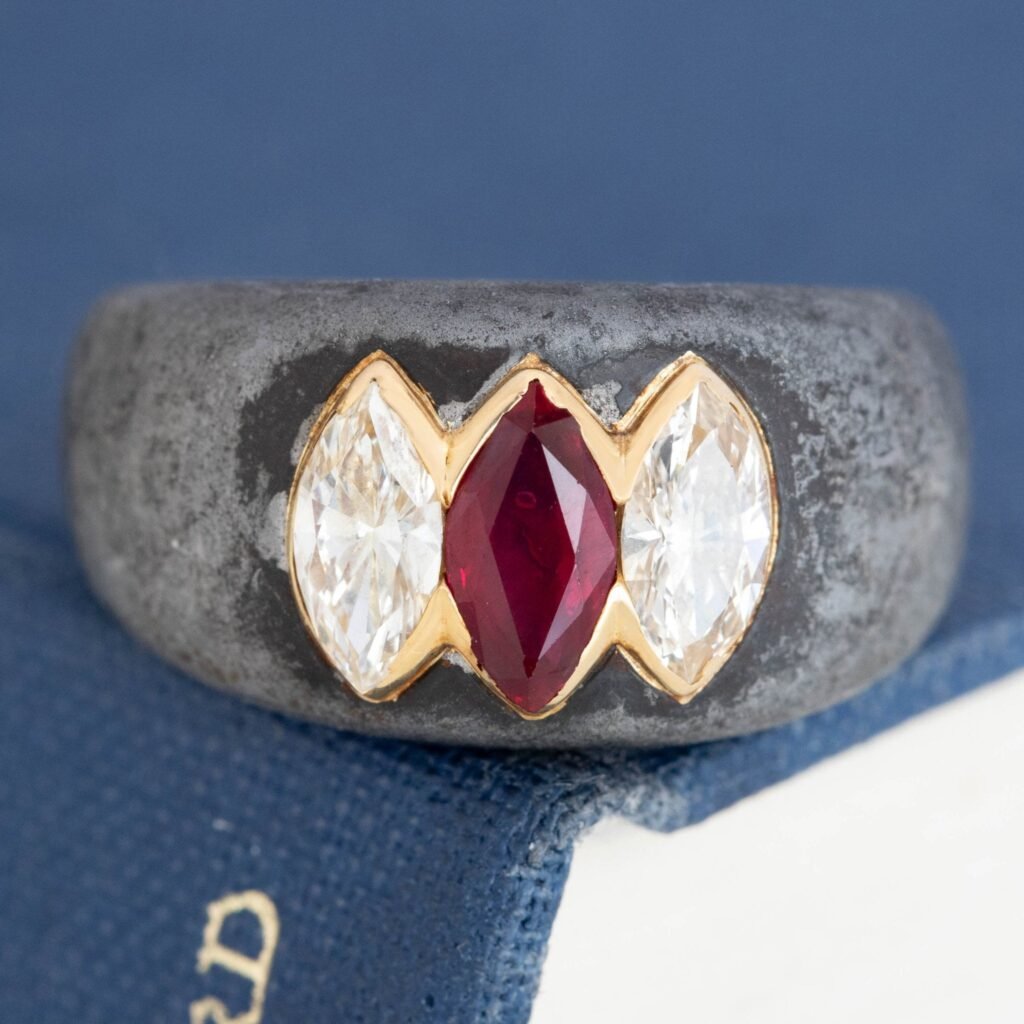 1.59ctw Vintage Marquise Cut Diamond & Ruby Steel Ring, by Bvlgari