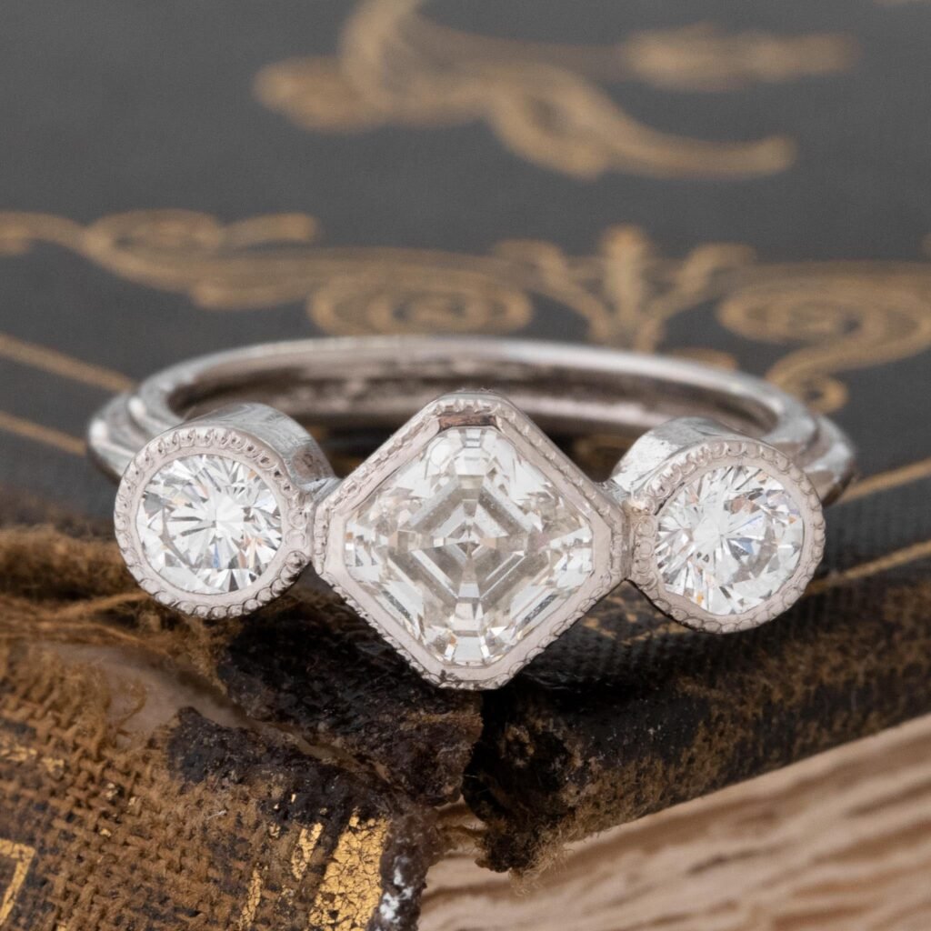 1.61ctw Asscher Cut Diamond Trilogy Ring