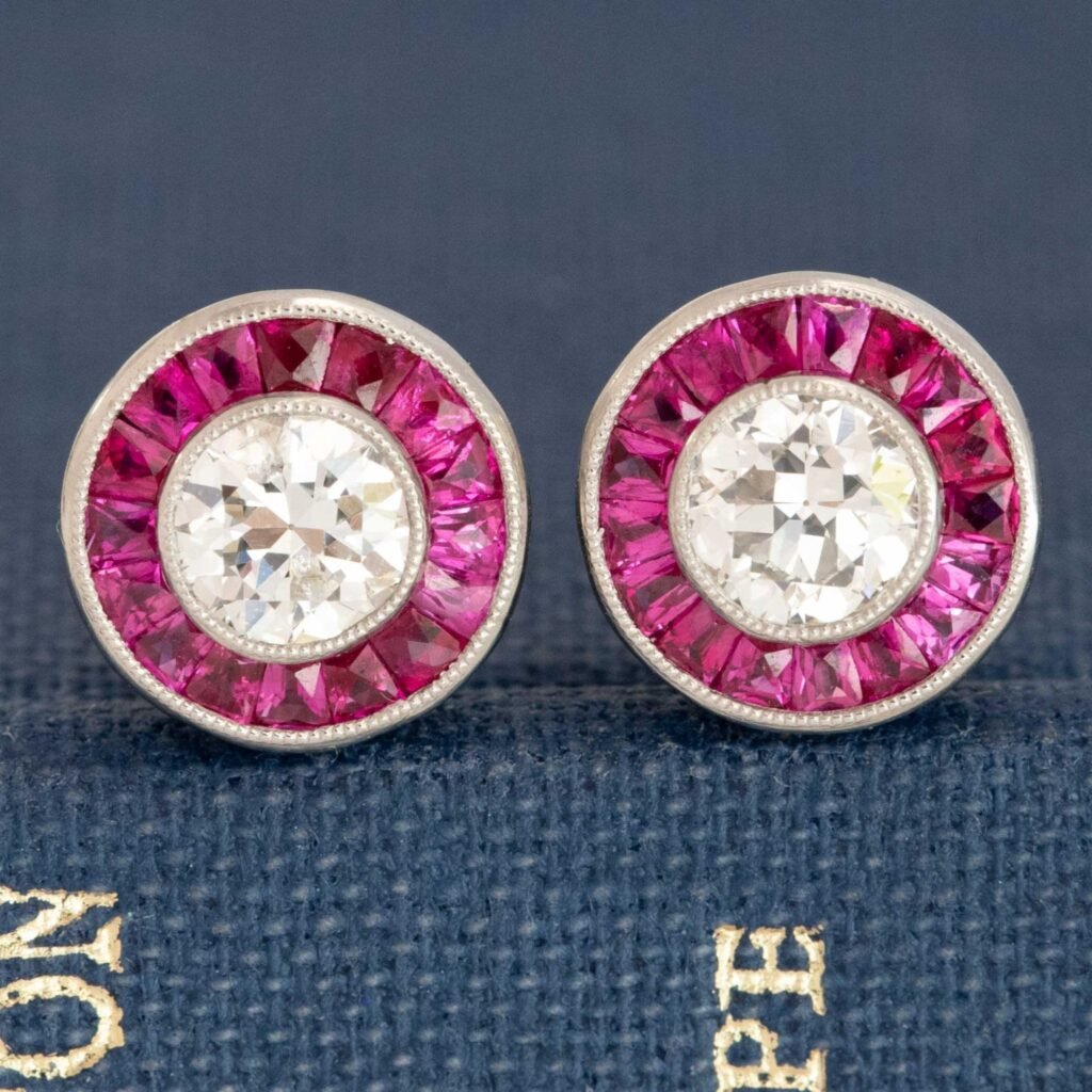 1.66ctw Old European Cut Diamond & Ruby Target Earrings