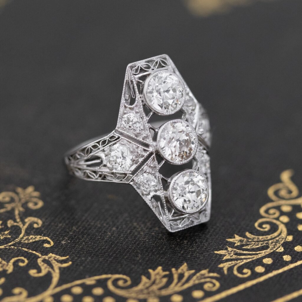 1.72ctw Old European Cut Diamond Trilogy Navette Ring