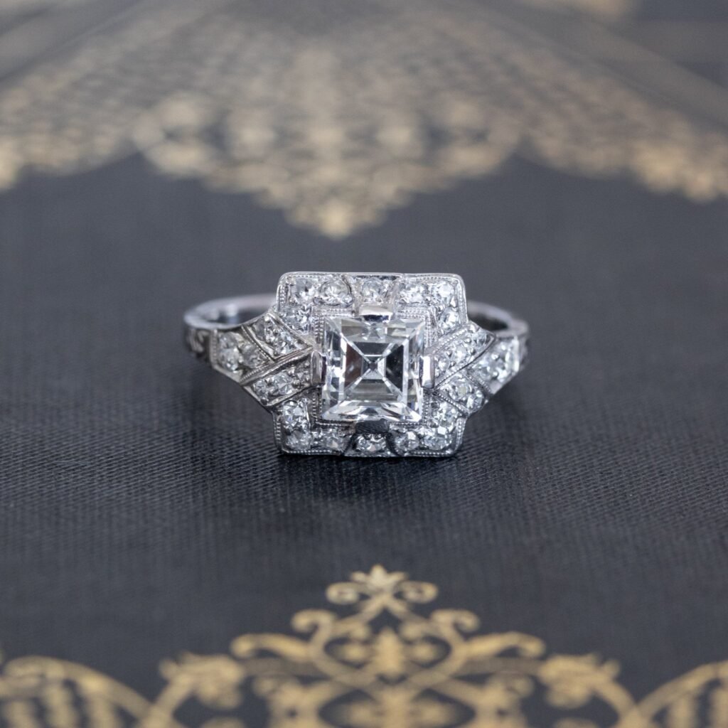 1.81ctw Art Deco French Cut Halo Ring, GIA H VS2