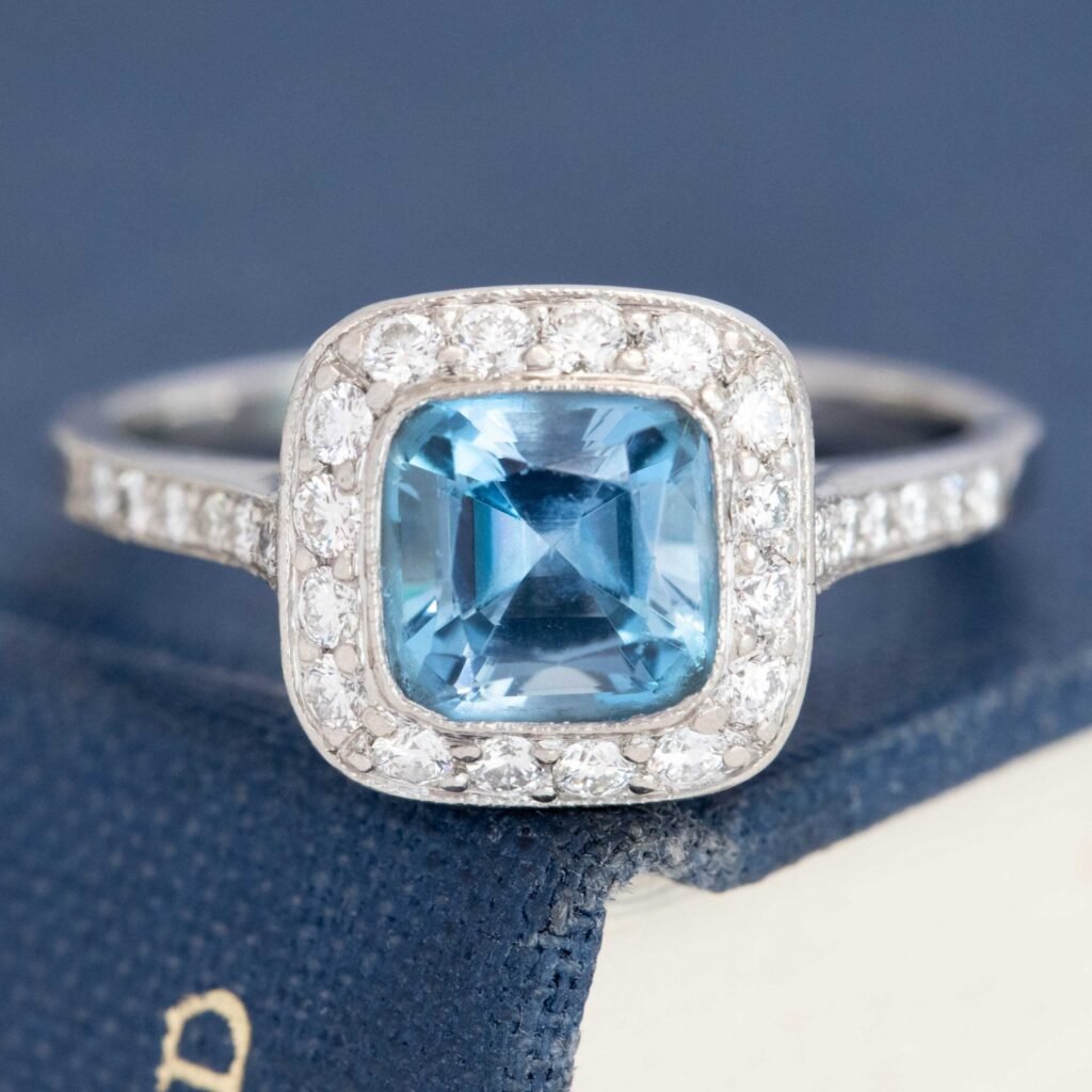 2.00ctw Soleste Aquamarine Diamond Halo Ring, by Tiffany & Co.