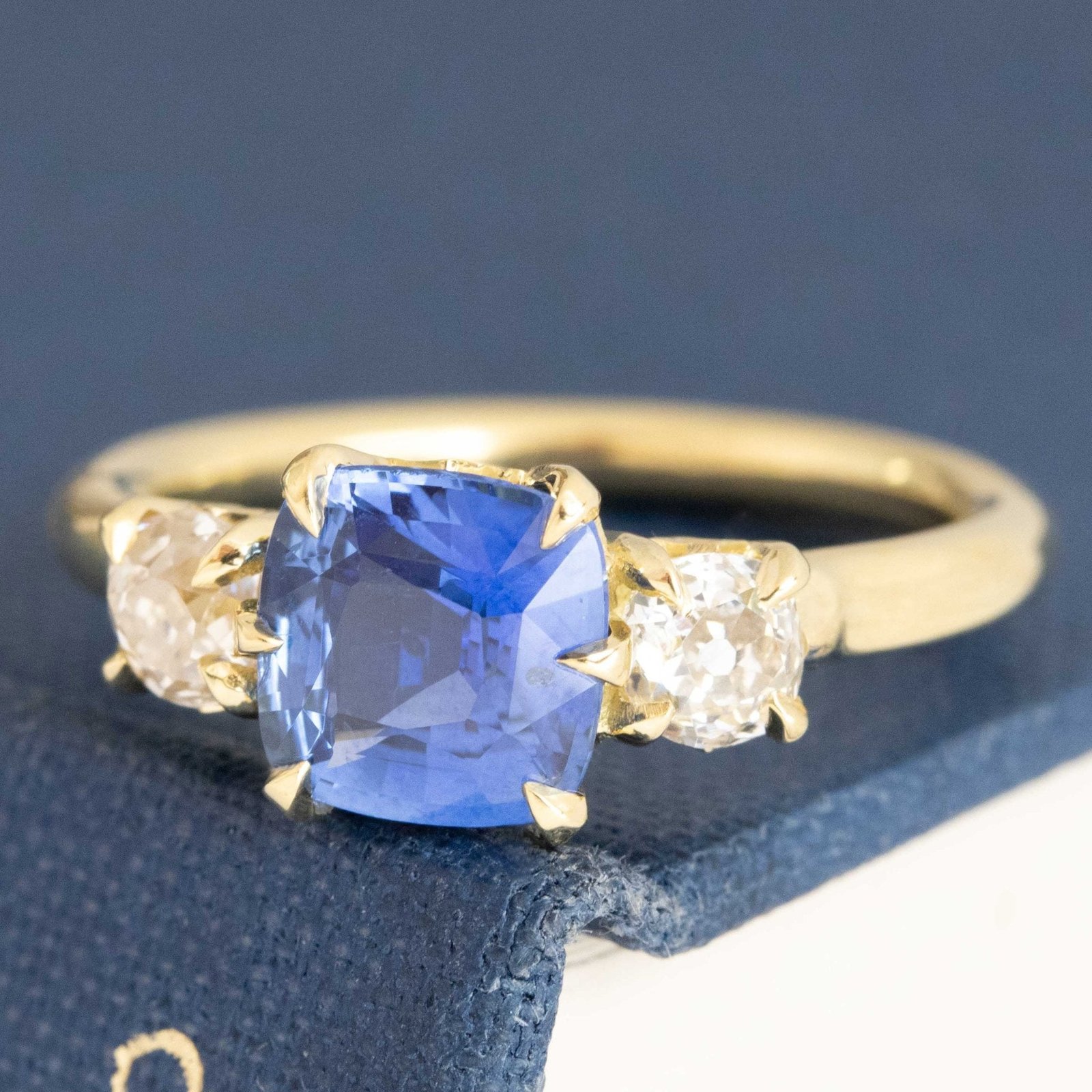 2.21ctw Sapphire & Old Mine Cut Diamond Trilogy Ring - Image 4