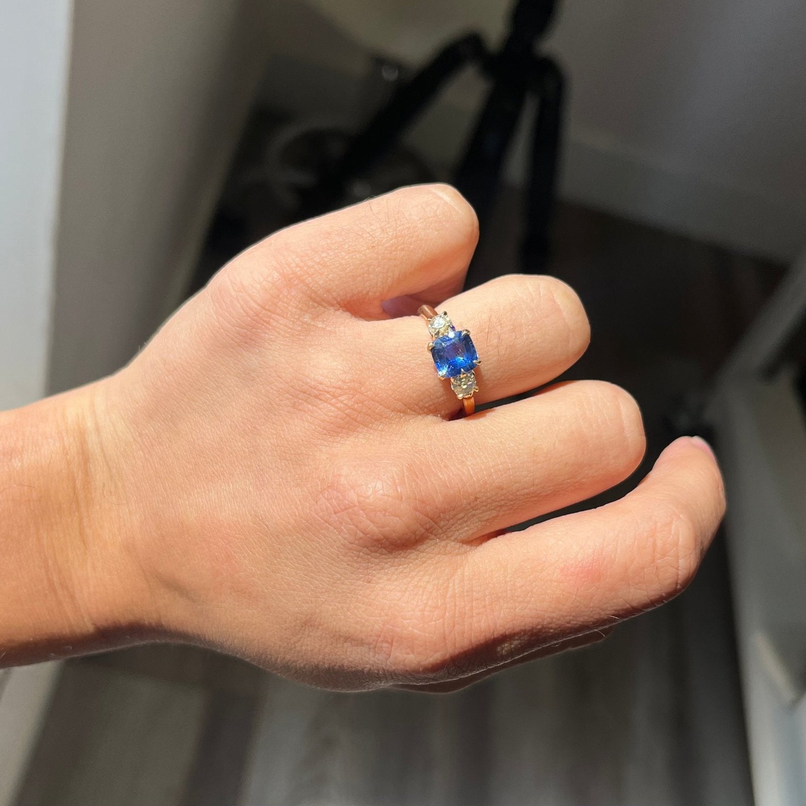 2.21ctw Sapphire & Old Mine Cut Diamond Trilogy Ring - Image 2