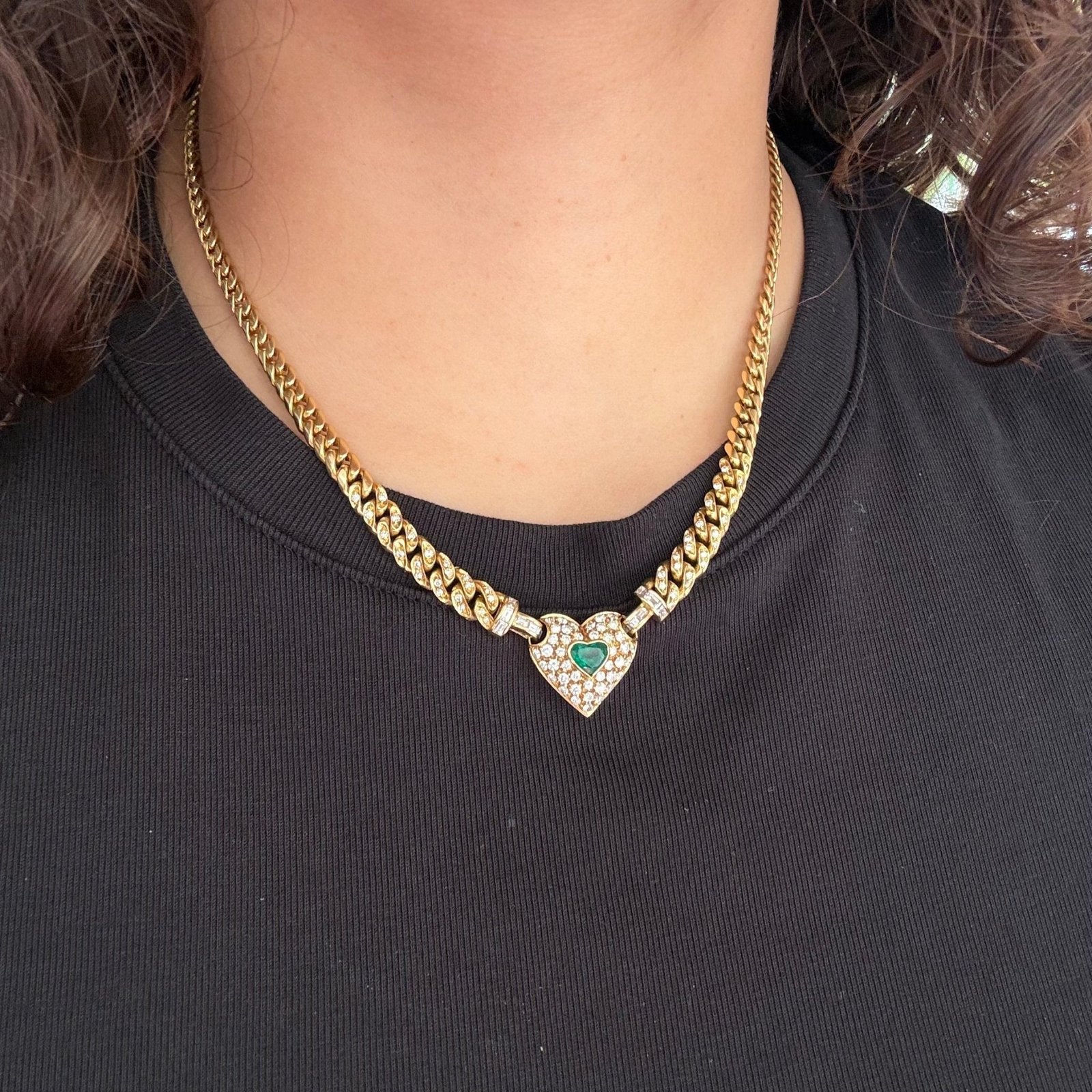 2.38ctw Vintage Diamond & Emerald Cluster Heart Necklace - Image 2