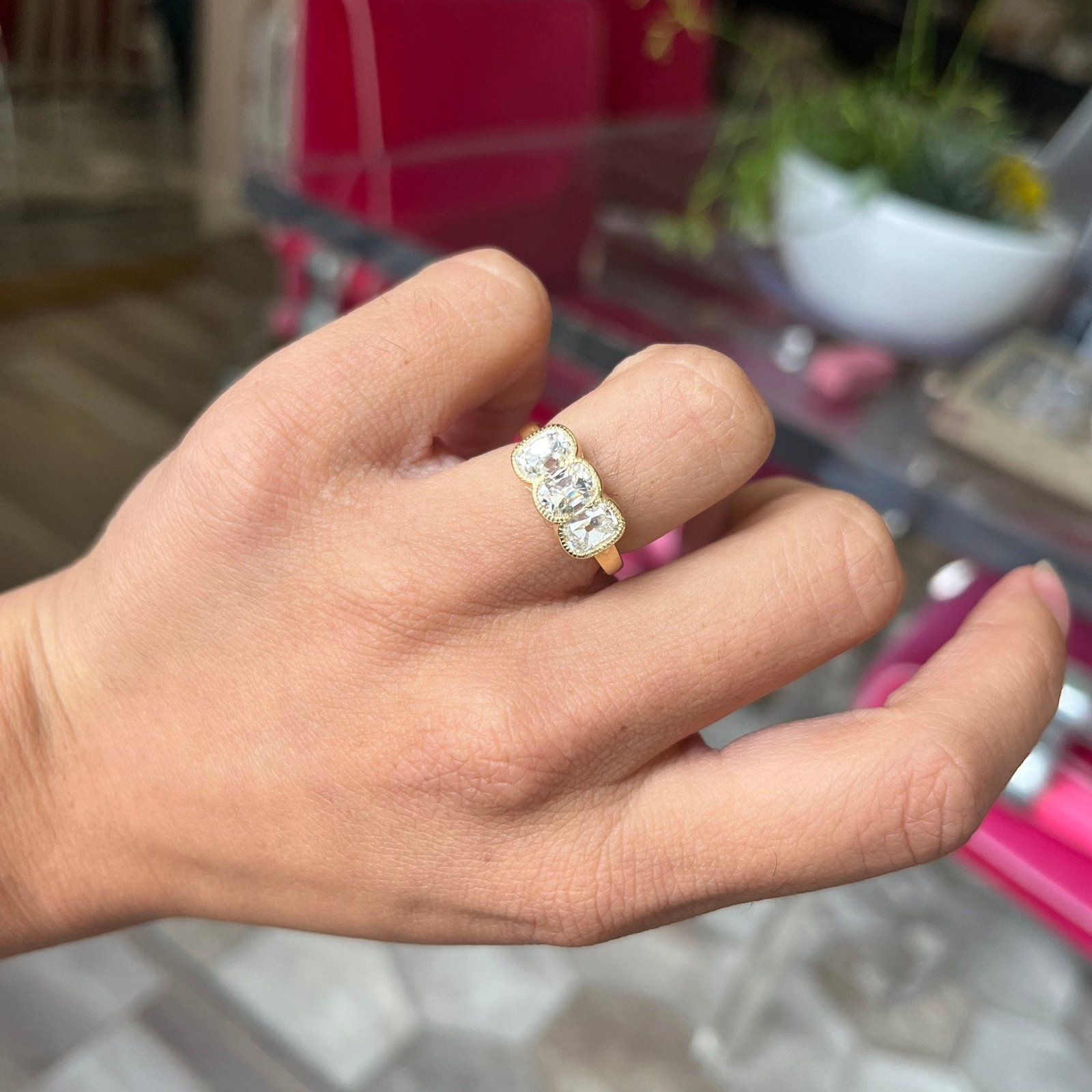 2.55ctw Elongated Old Mine Cut Diamond Trilogy Bezel Ring - Image 2
