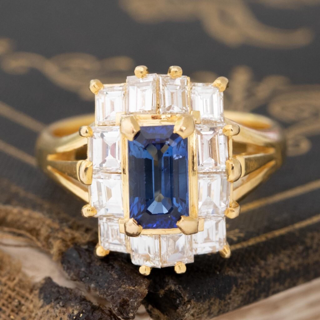 2.55ctw Vintage Emerald Cut Sapphire & Diamond Ballerina Ring
