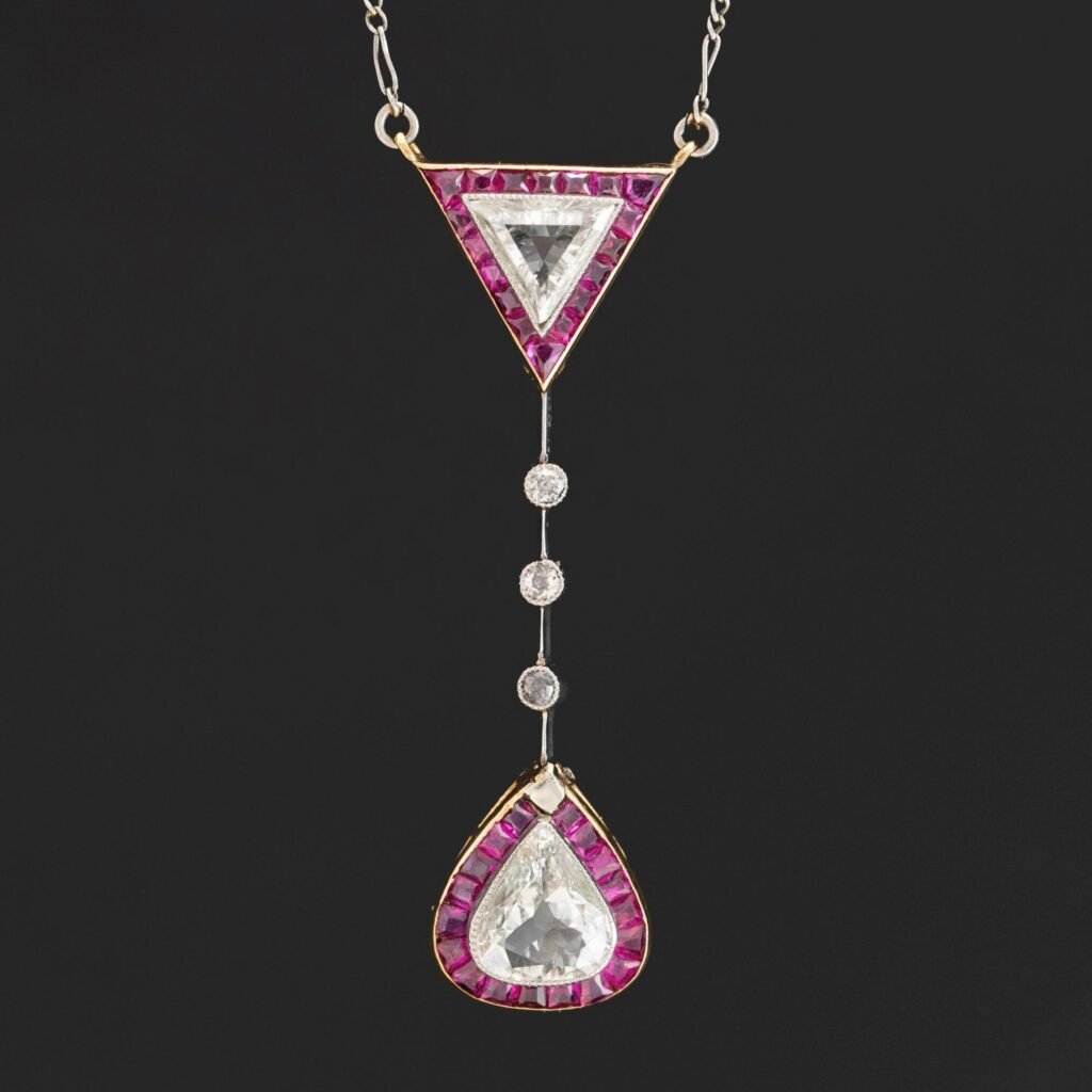 2.59ctw Antique Triangular & Pear Cut Diamond & Ruby Lavaliere, French