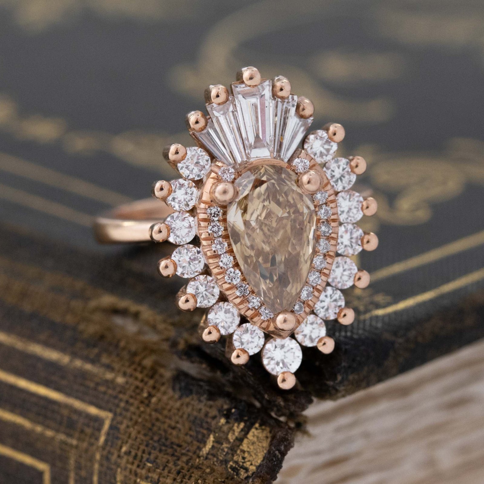 2.60ctw Fancy Brown Pear Cut Diamond Ballerina Ring, by Heidi Gibson - Image 3