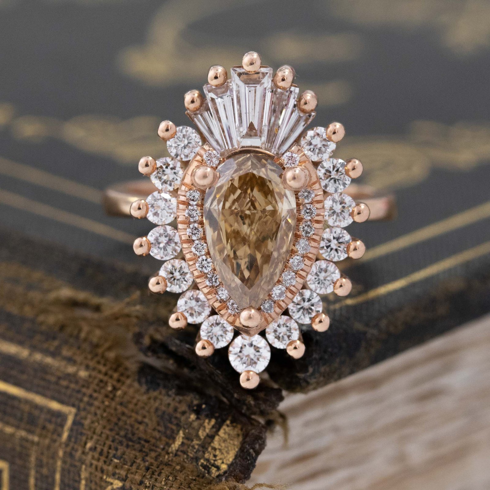 2.60ctw Fancy Brown Pear Cut Diamond Ballerina Ring, by Heidi Gibson