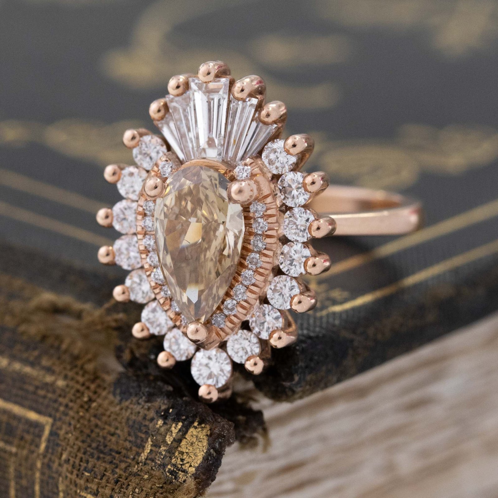 2.60ctw Fancy Brown Pear Cut Diamond Ballerina Ring, by Heidi Gibson - Image 4