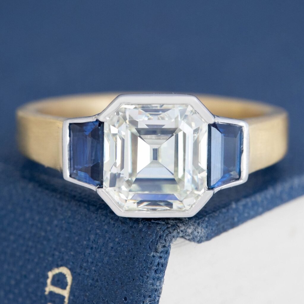 2.66ct Asscher Cut Diamond & Sapphire Trilogy Ring, GIA