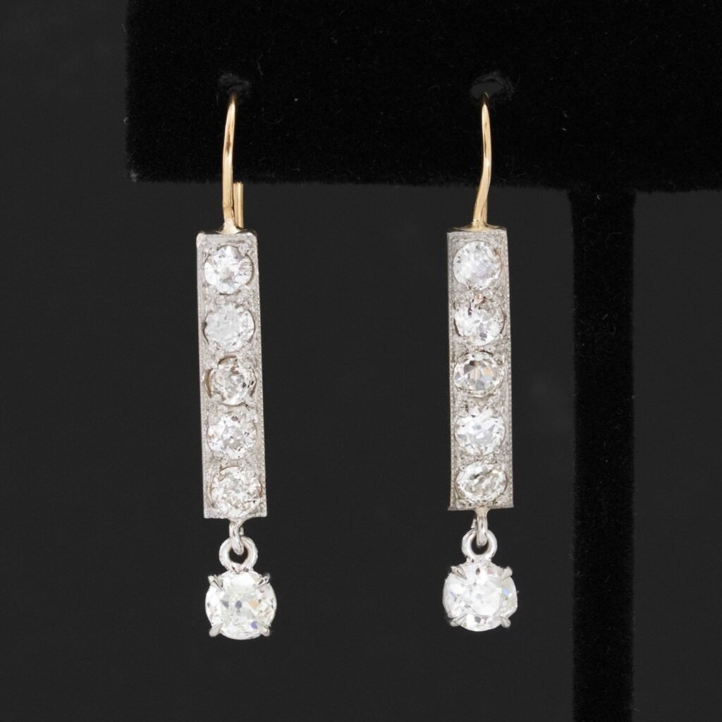 2.66ctw Antique Old European Cut Diamond Bar Drop Earrings