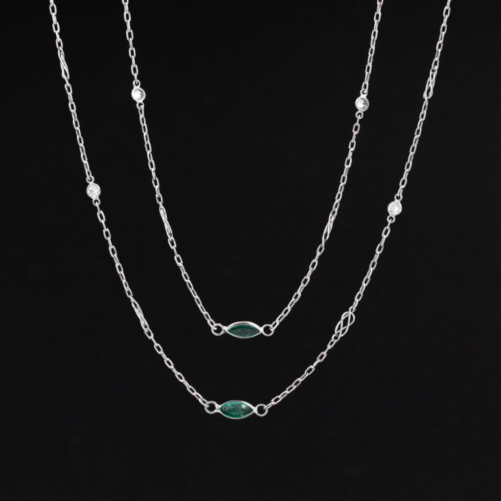 2.80ctw Long Chain Emerald & Diamond Station Necklace, 42"