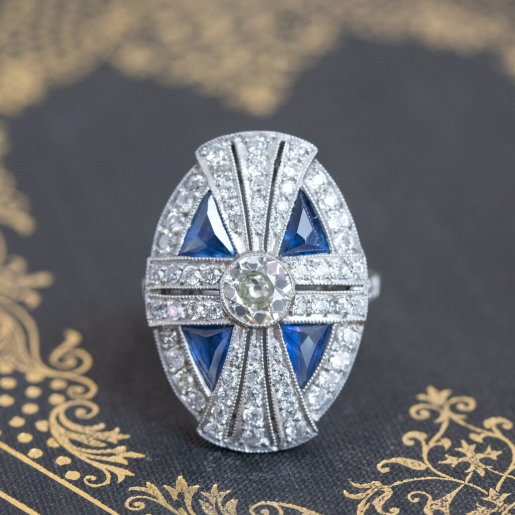 3.23ctw Art Deco Style Sapphire and Diamond Dinner Ring