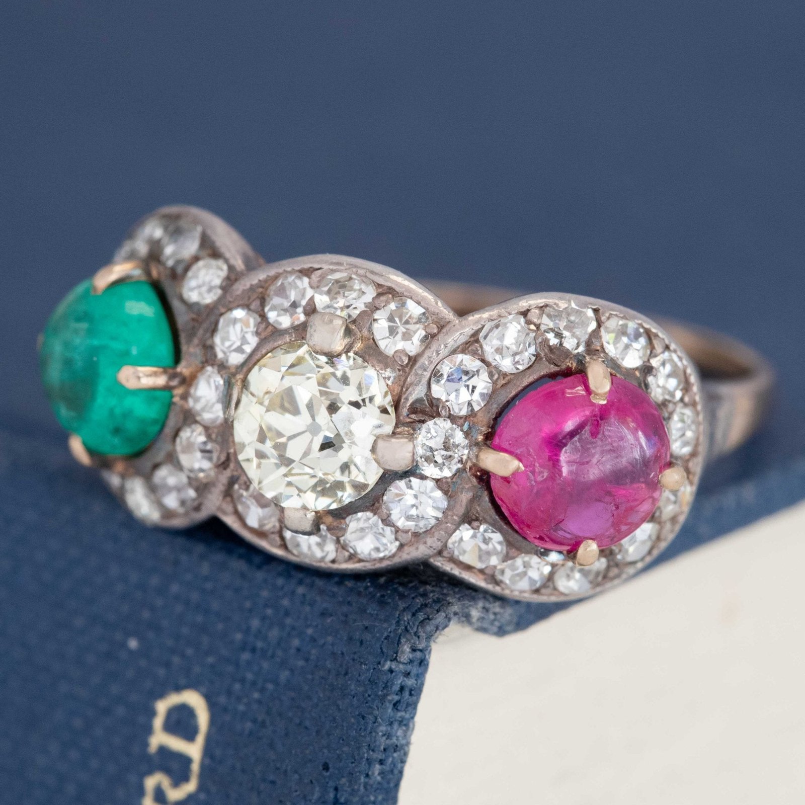 3.24ctw Antique Old European Cut Diamond, Emerald & Ruby Trilogy Ring - Image 5