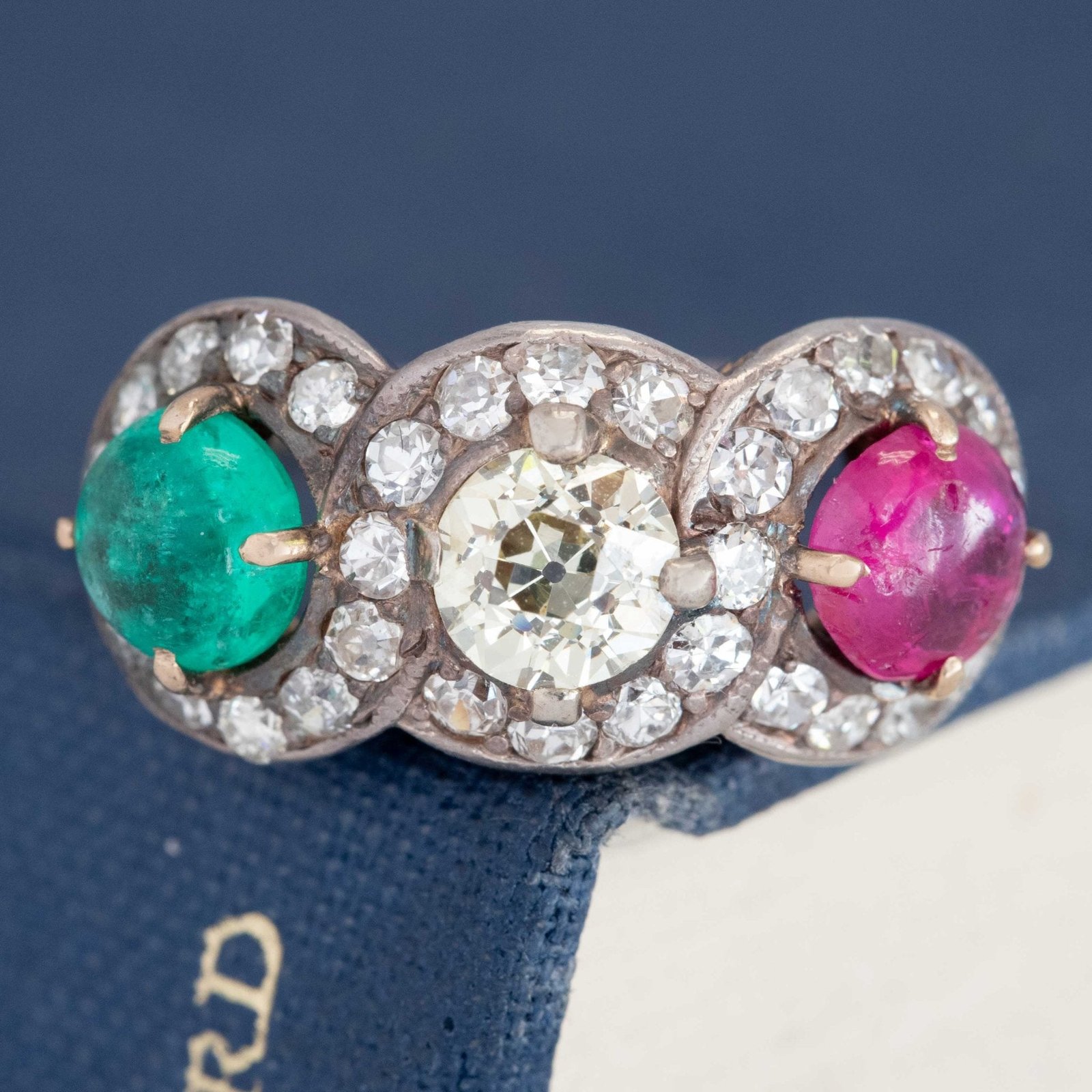 3.24ctw Antique Old European Cut Diamond, Emerald & Ruby Trilogy Ring