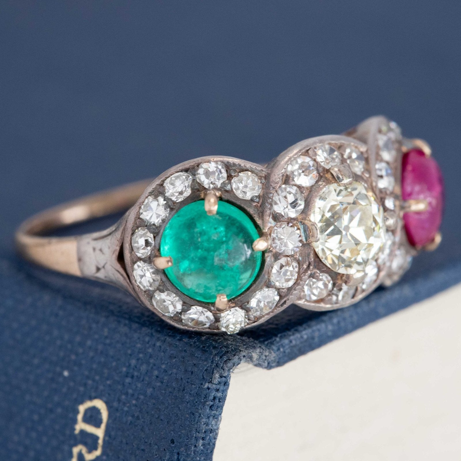 3.24ctw Antique Old European Cut Diamond, Emerald & Ruby Trilogy Ring - Image 3