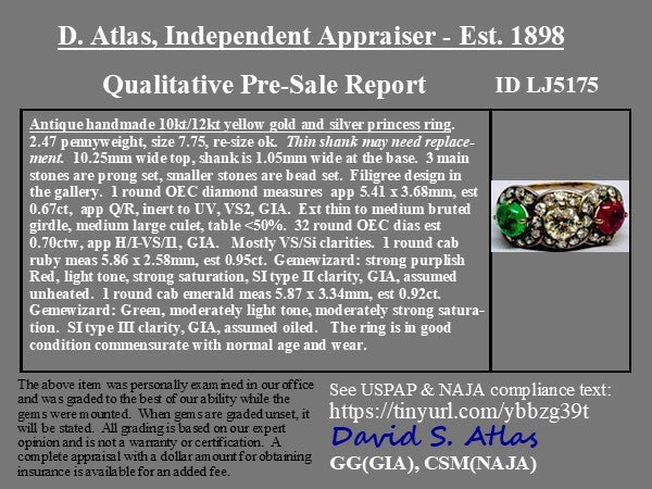 3.24ctw Antique Old European Cut Diamond, Emerald & Ruby Trilogy Ring - Image 4