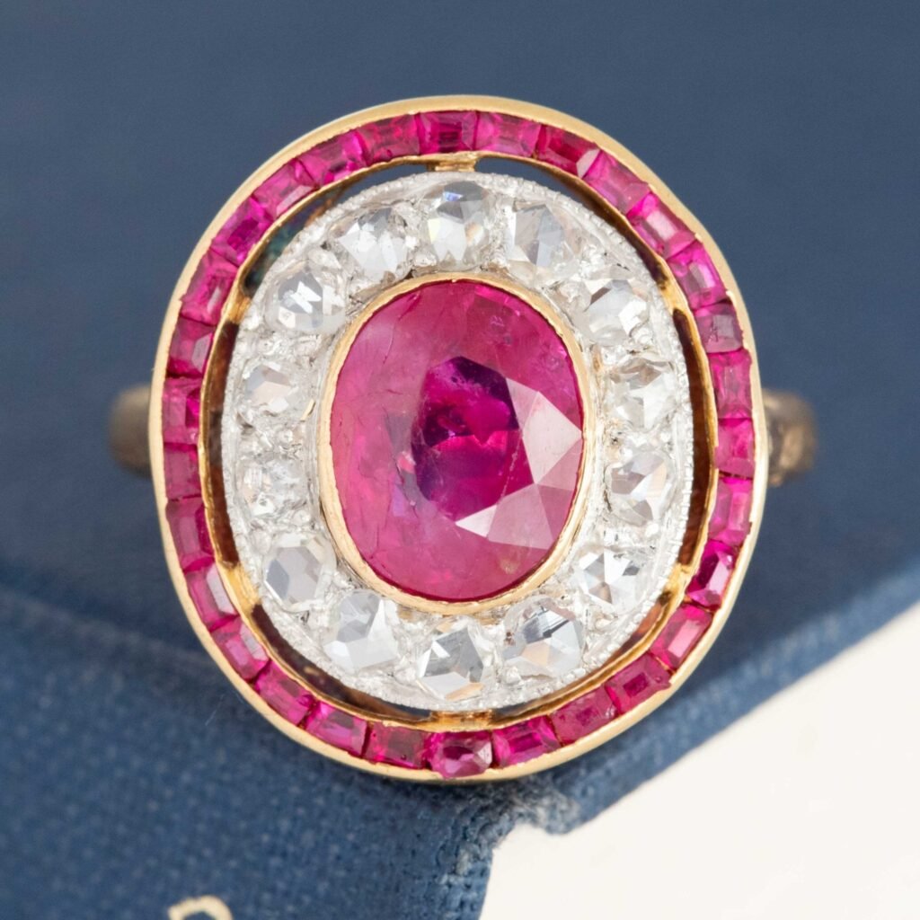 3.27ctw Rose Cut Diamond & Burma No-Heat Ruby Cluster Ring, French