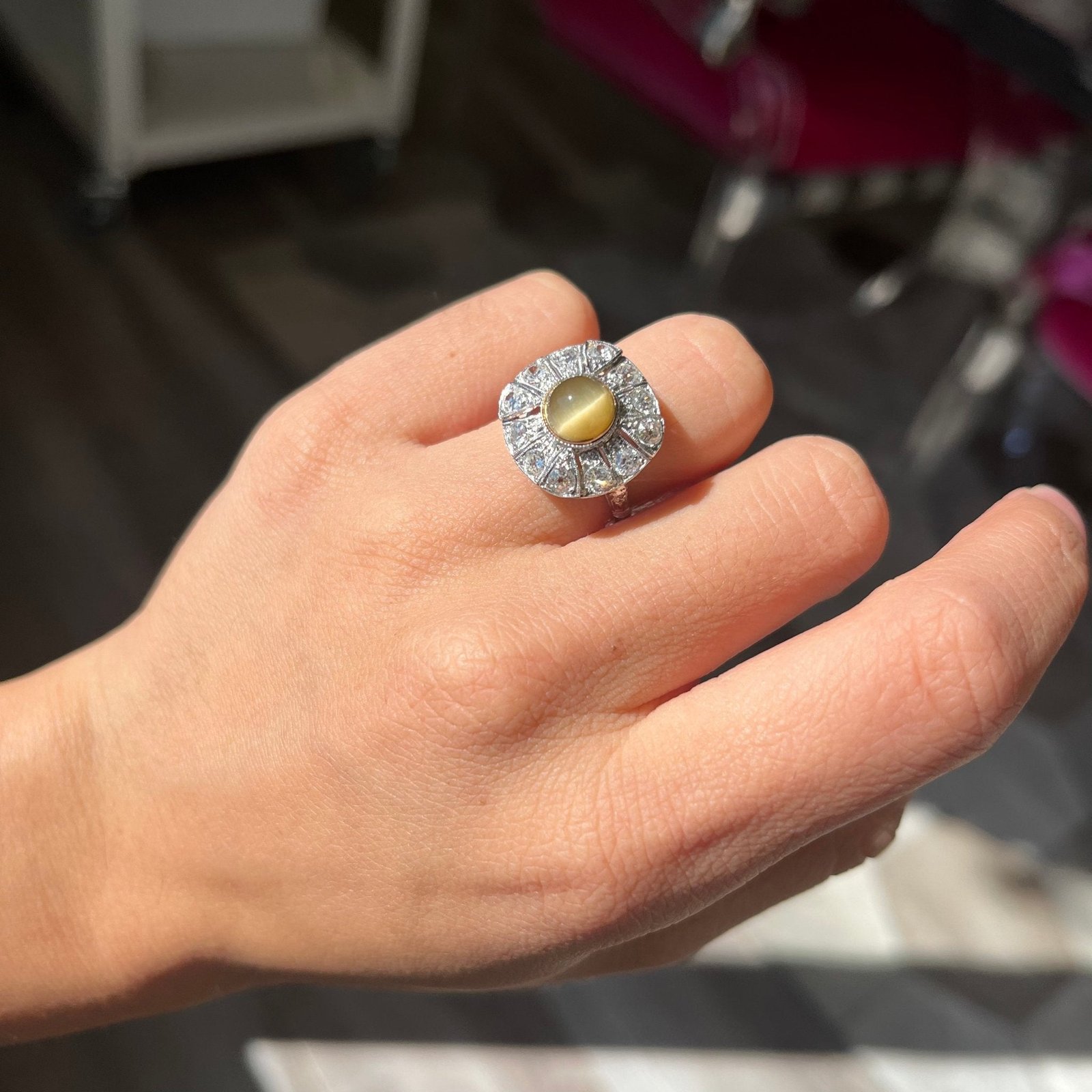 3.42ctw Chrysoberyl Catseye & Diamond Cluster Ring - Image 2