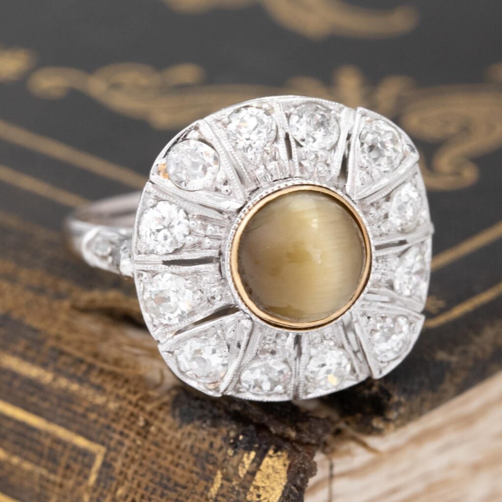 3.42ctw Chrysoberyl Catseye & Diamond Cluster Ring