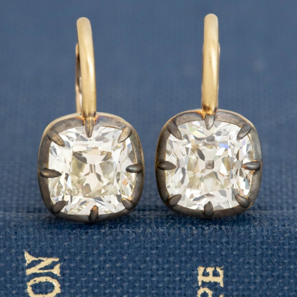 3.09ctw Cushion Cut Diamond Collet Dormeuse Earrings, GIA
