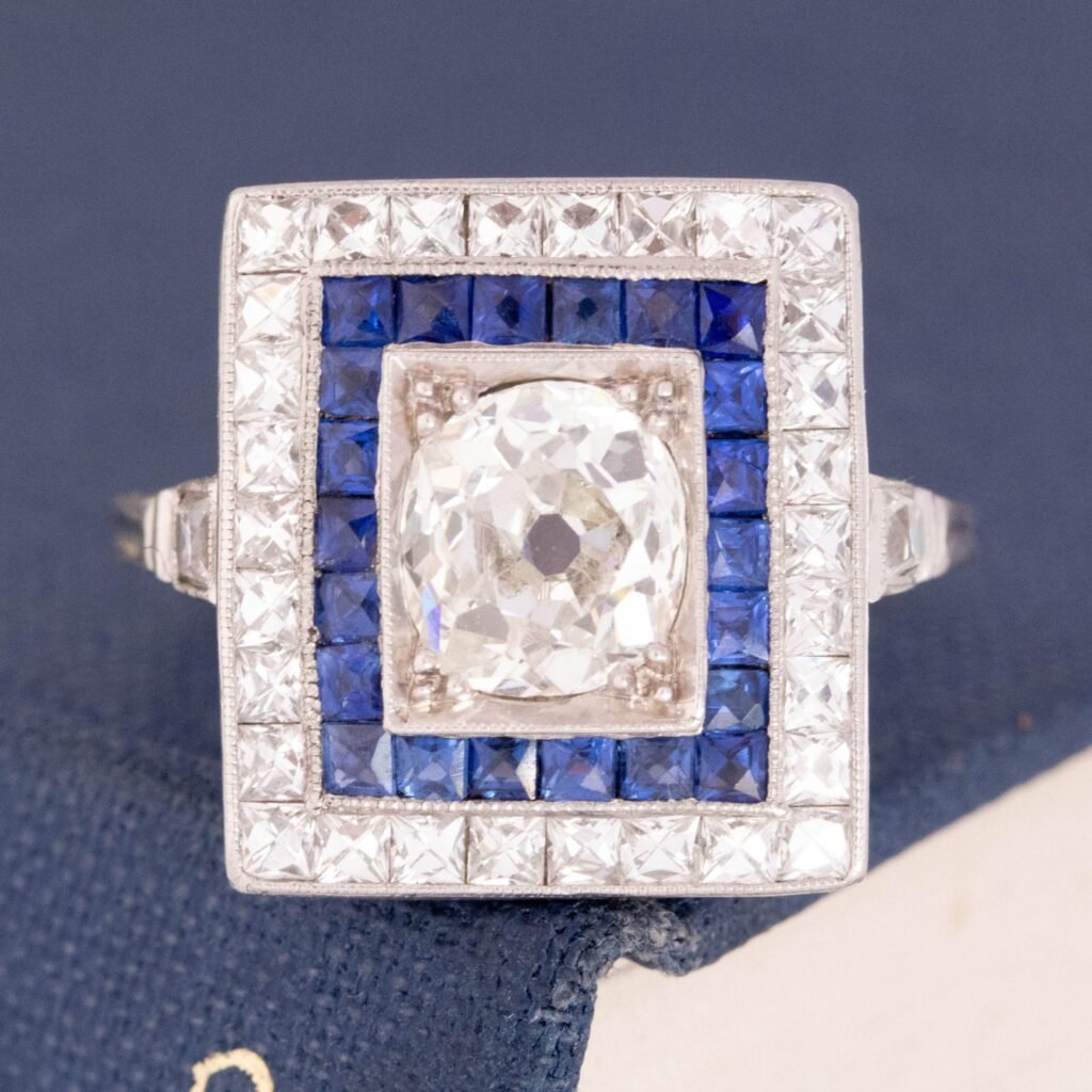 3.67ctw Art Deco Diamond & Sapphire Target Ring