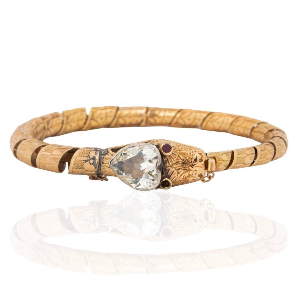 3.70ct Antique Heart Rose Cut Diamond Serpent Bangle, c. 1922