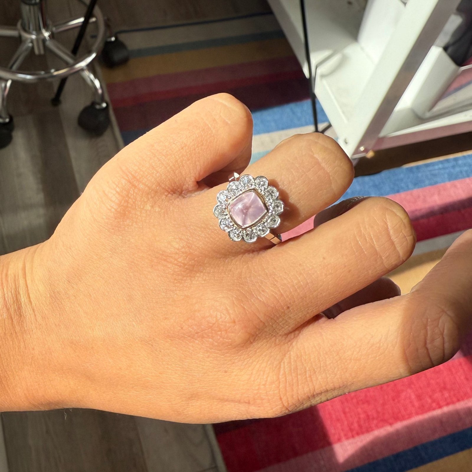 3.92ctw Pink Sugarloaf Sapphire & Old Mine Cut Diamond Cluster Ring - Image 2