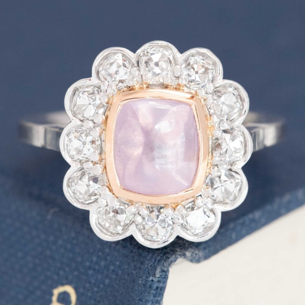 3.92ctw Pink Sugarloaf Sapphire & Old Mine Cut Diamond Cluster Ring