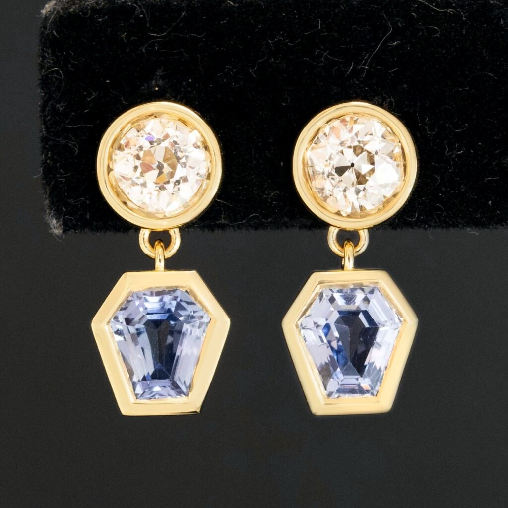 4.10ctw Old European Cut Diamond & Sapphire Bezel Drop Earrings
