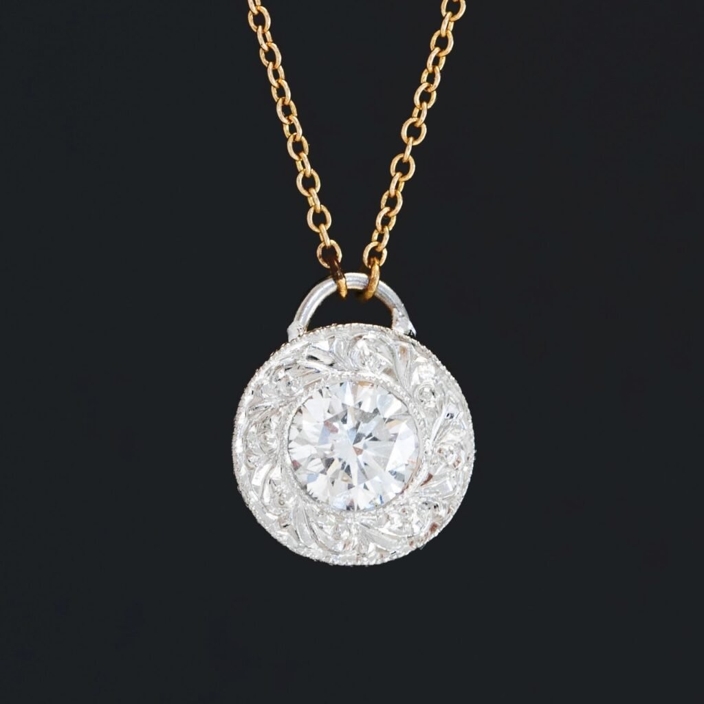 .45ct Vintage Round Brilliant Cut Diamond Engraved Pendant