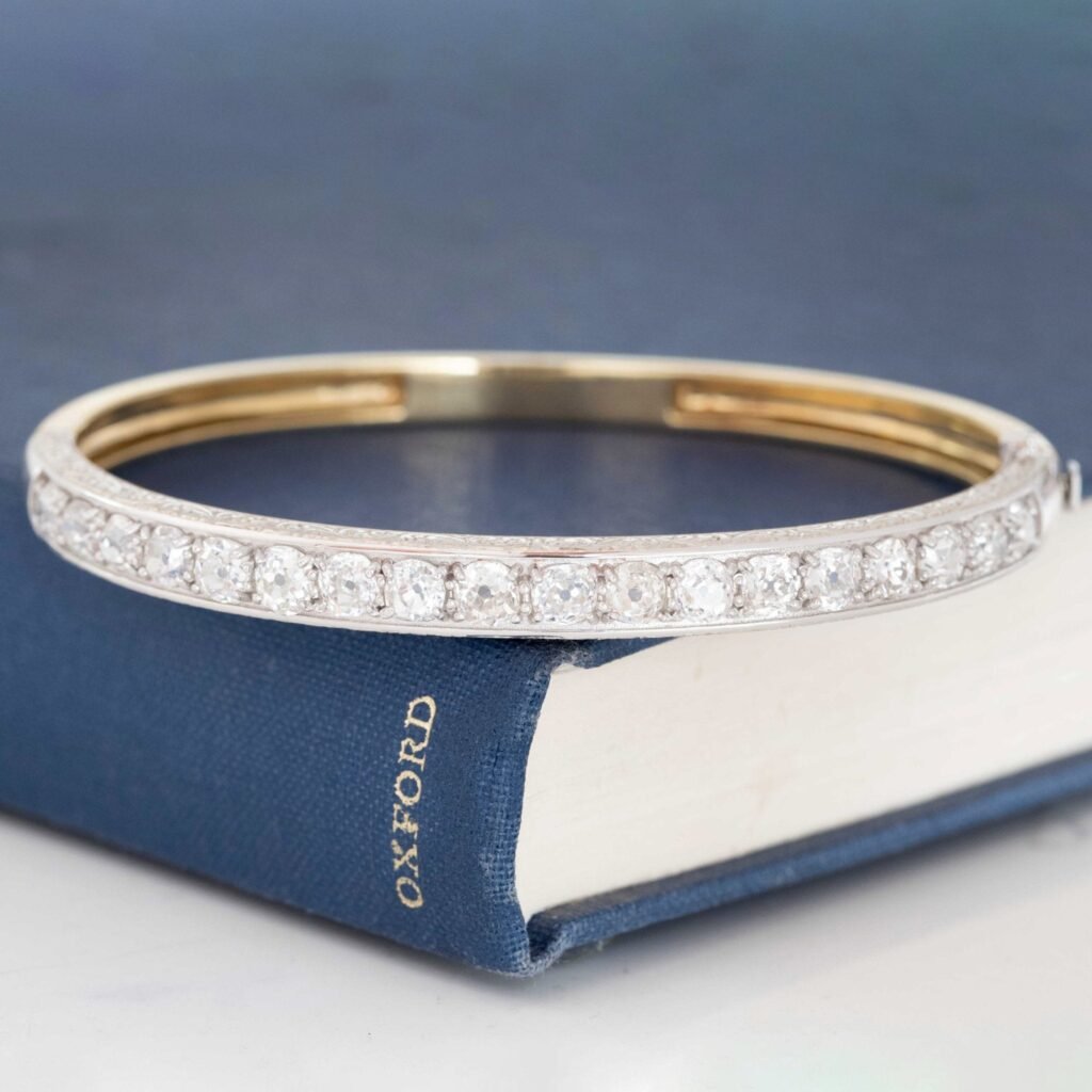 5.64ctw Old Mine Cut Diamond Engraved Bangle