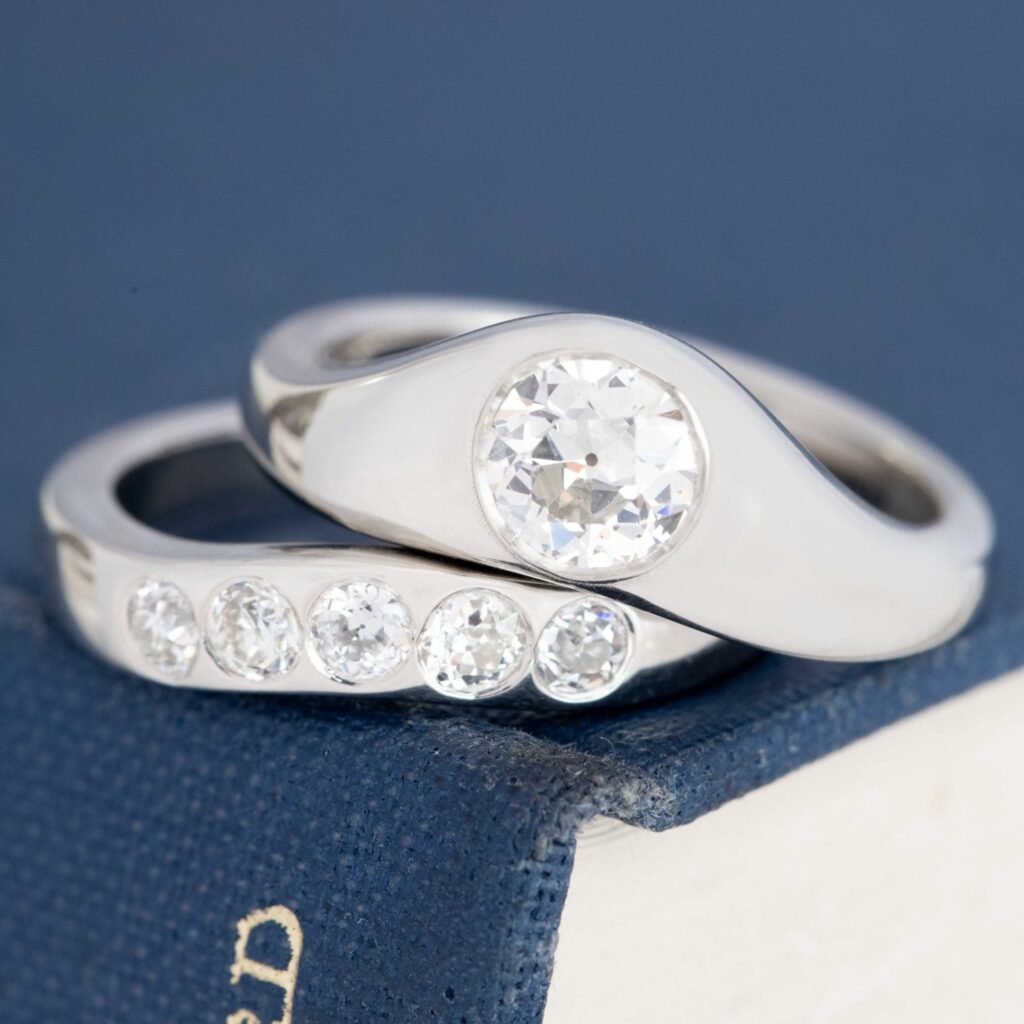 .98ctw Old European Cut Diamond Wedding Set, GIA