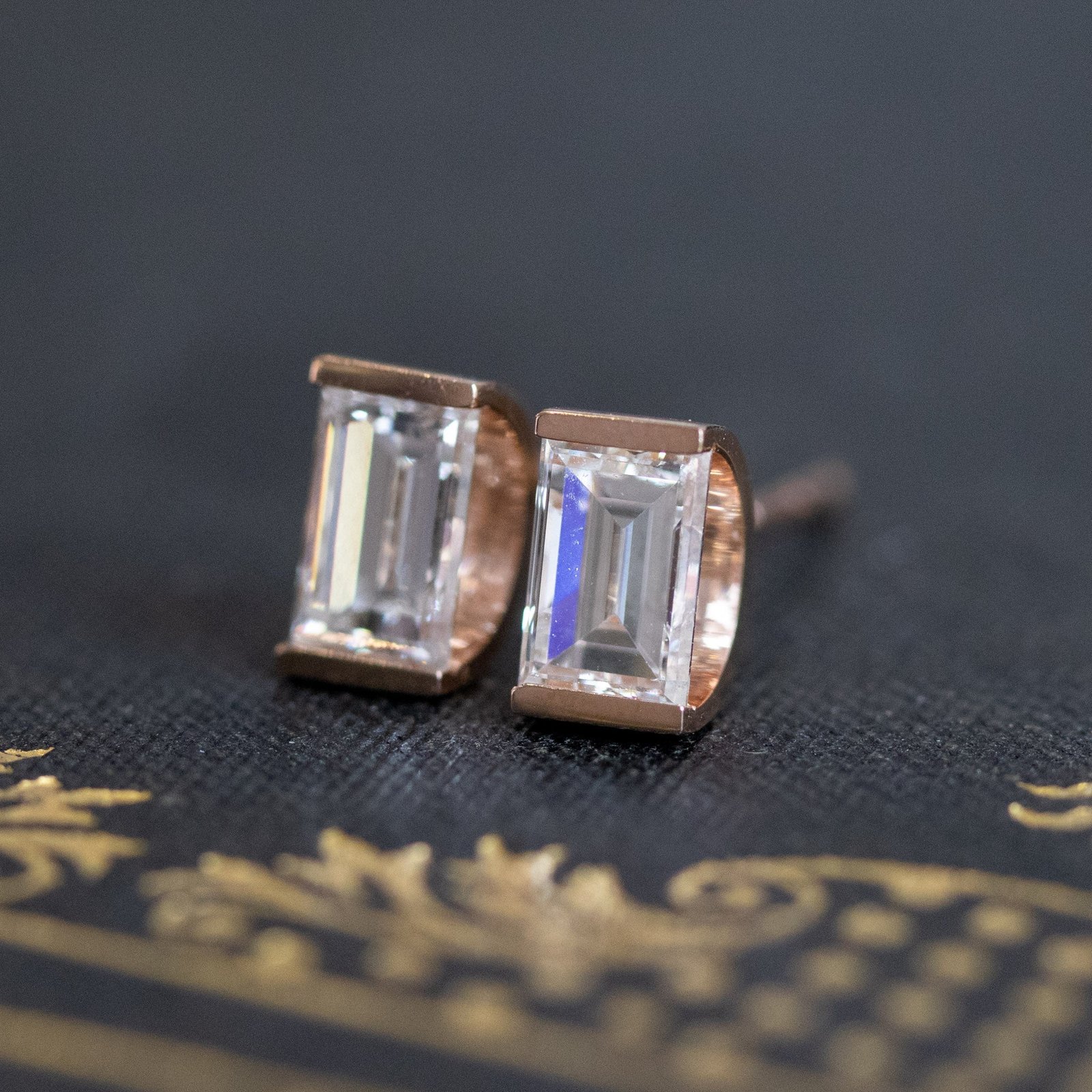 .98ctw Baguette Diamond Half-Moon Bezel Earrings, rose gold - Image 3